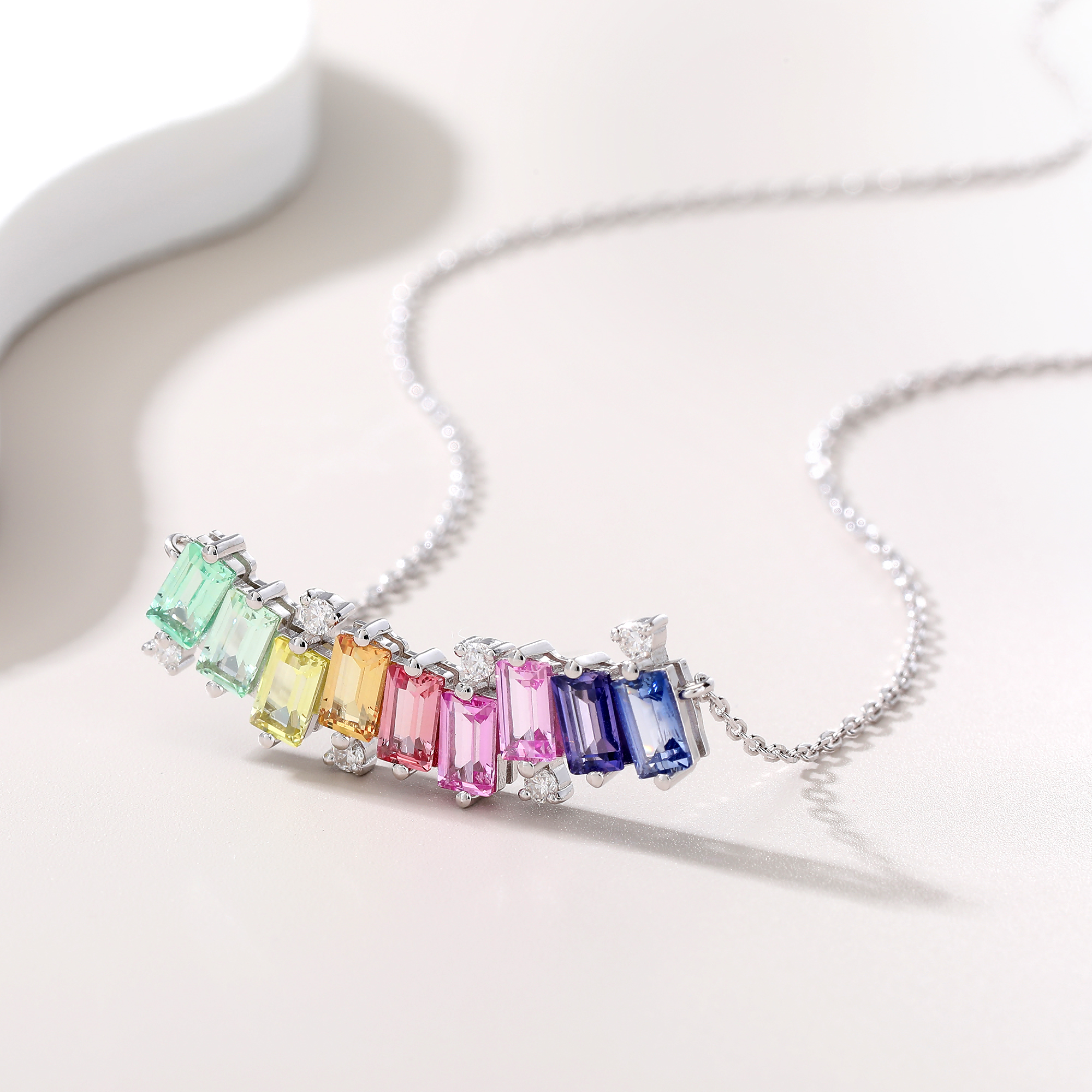 Sterling Silver Rectangle Rainbow Lab-Grown Gemstone Necklace 45cm Platinum Plated With D