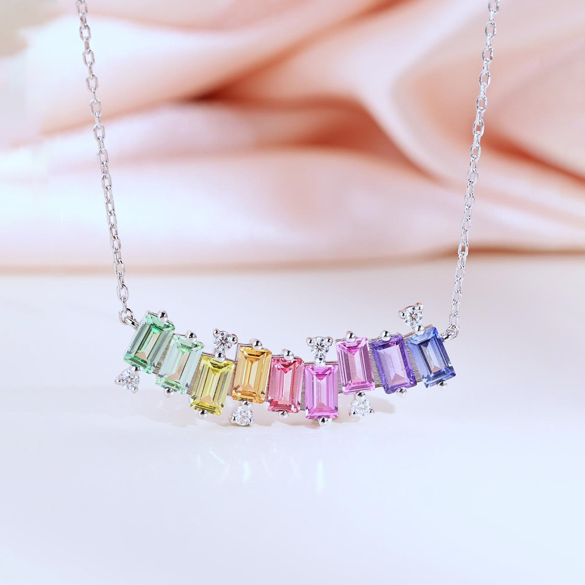 Sterling Silver Rectangle Rainbow Lab-Grown Gemstone Necklace 45cm Platinum Plated With D
