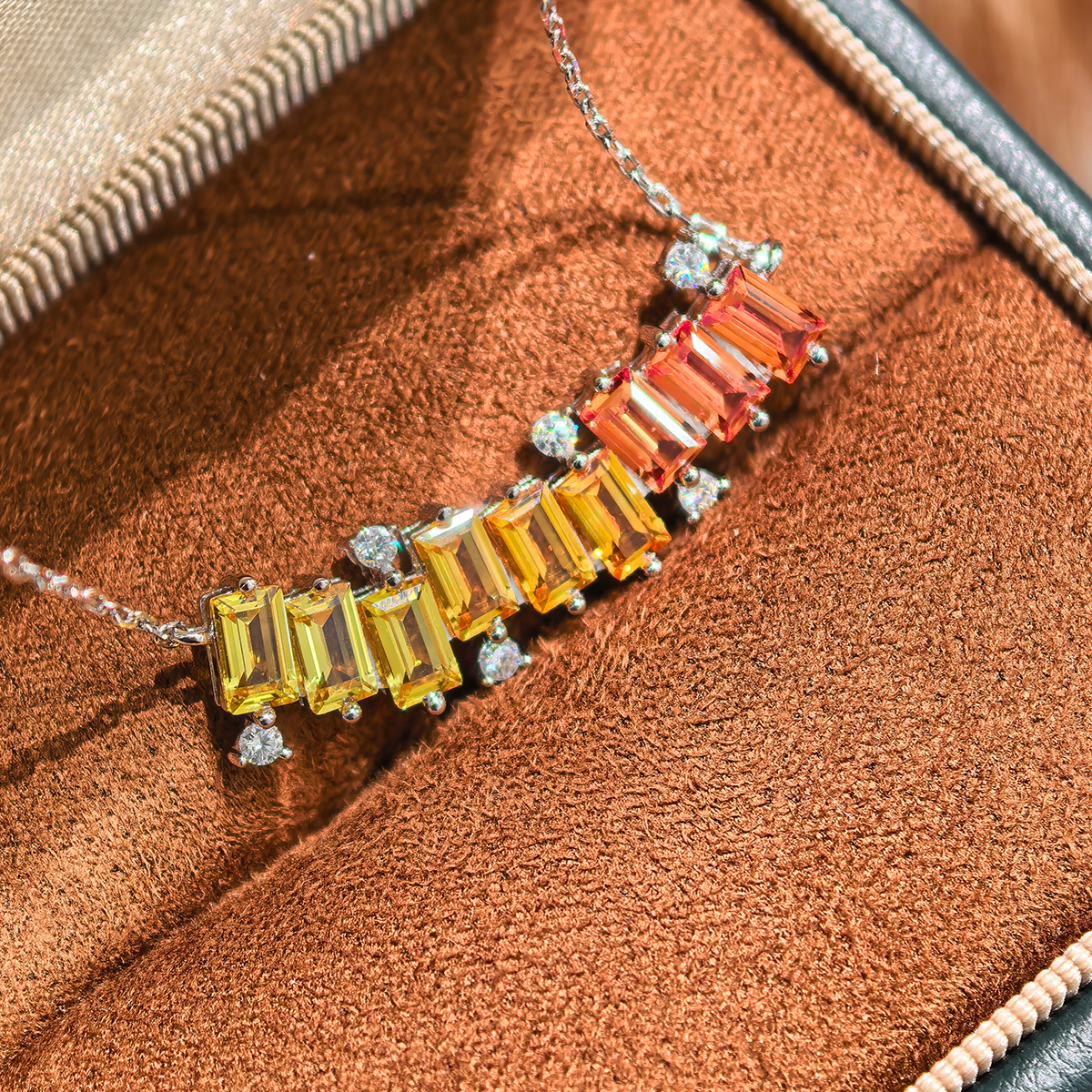 Sterling Silver Rectangle Rainbow Lab-Grown Gemstone Necklace 45cm Platinum Plated With D