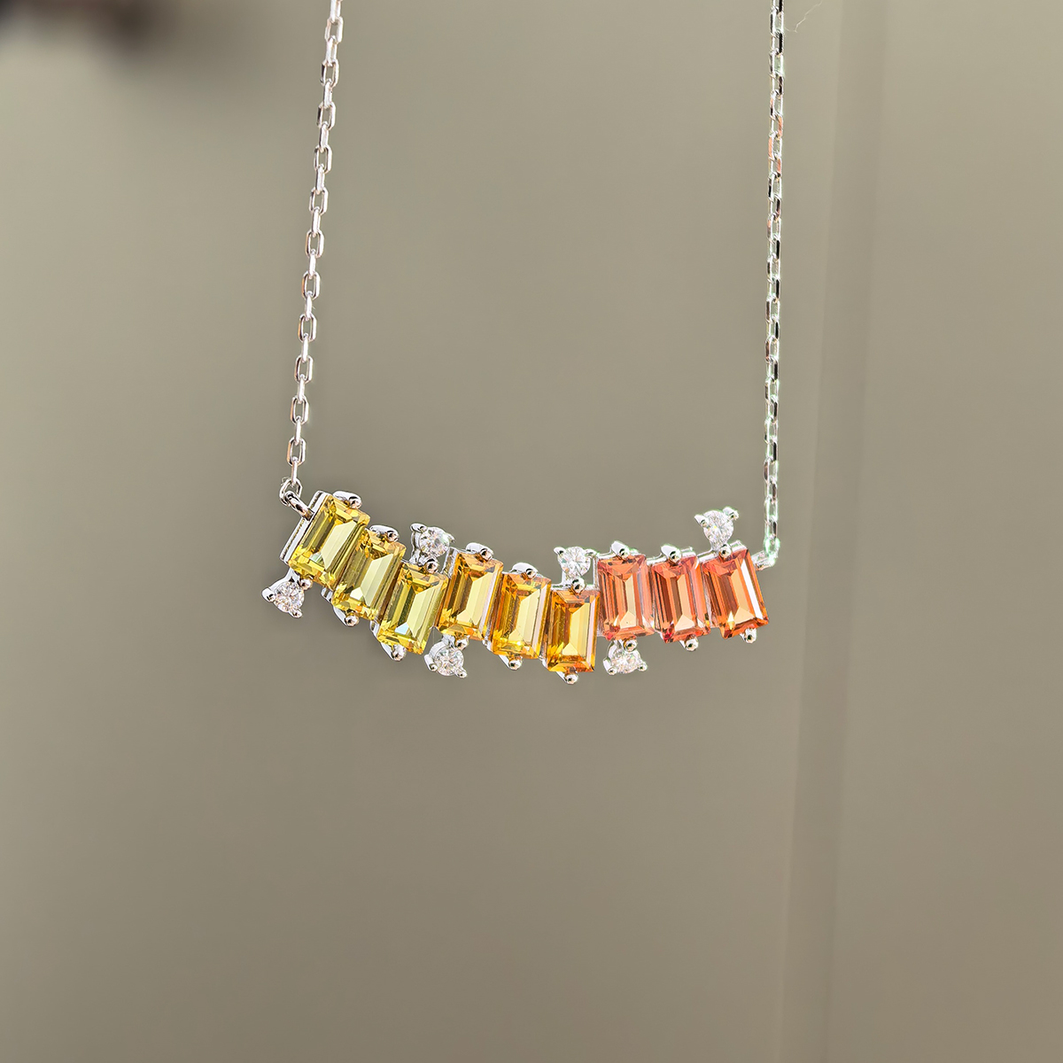 Sterling Silver Rectangle Rainbow Lab-Grown Gemstone Necklace 45cm Platinum Plated With D
