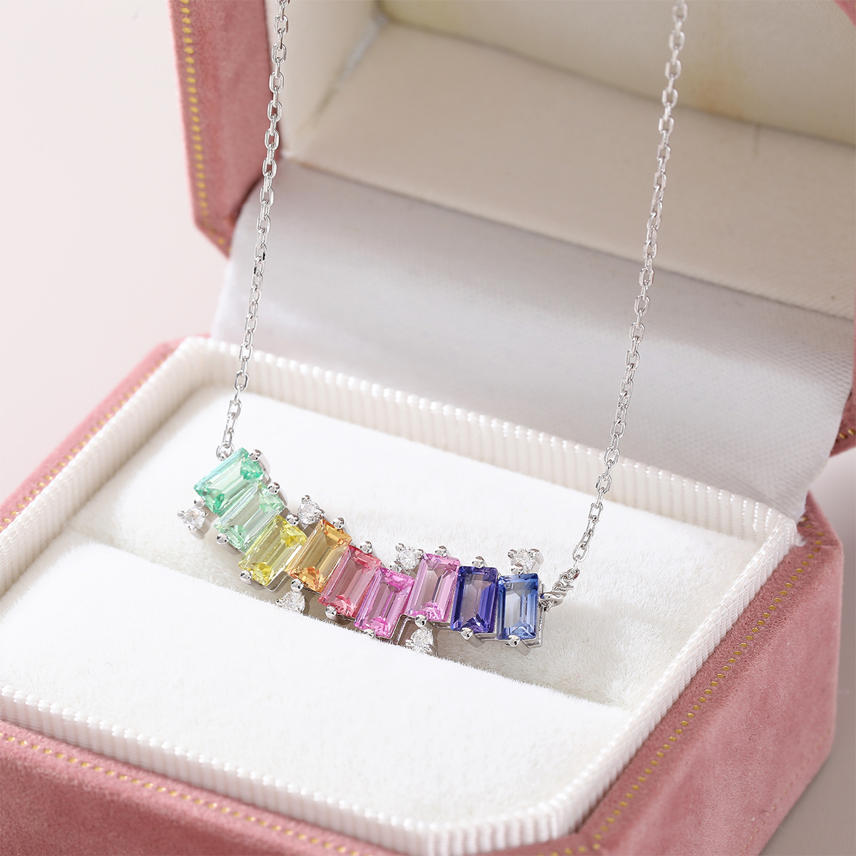 Sterling Silver Rectangle Rainbow Lab-Grown Gemstone Necklace 45cm Platinum Plated With D