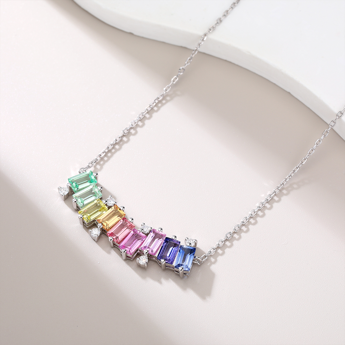 Sterling Silver Rectangle Rainbow Lab-Grown Gemstone Necklace 45cm Platinum Plated With D