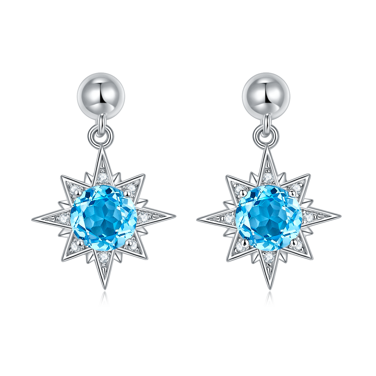 Sterling Silver Star Dangle Earrings, 6mm Natural Blue Crystal, Platinum Plated Drop