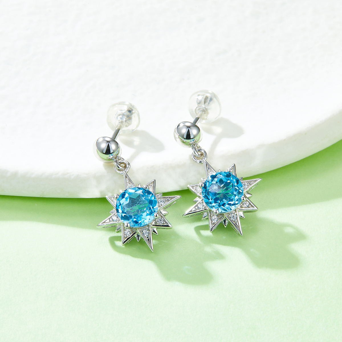 Sterling Silver Star Dangle Earrings, 6mm Natural Blue Crystal, Platinum Plated Drop