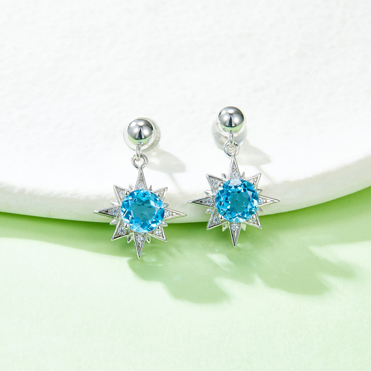Sterling Silver Star Dangle Earrings, 6mm Natural Blue Crystal, Platinum Plated Drop
