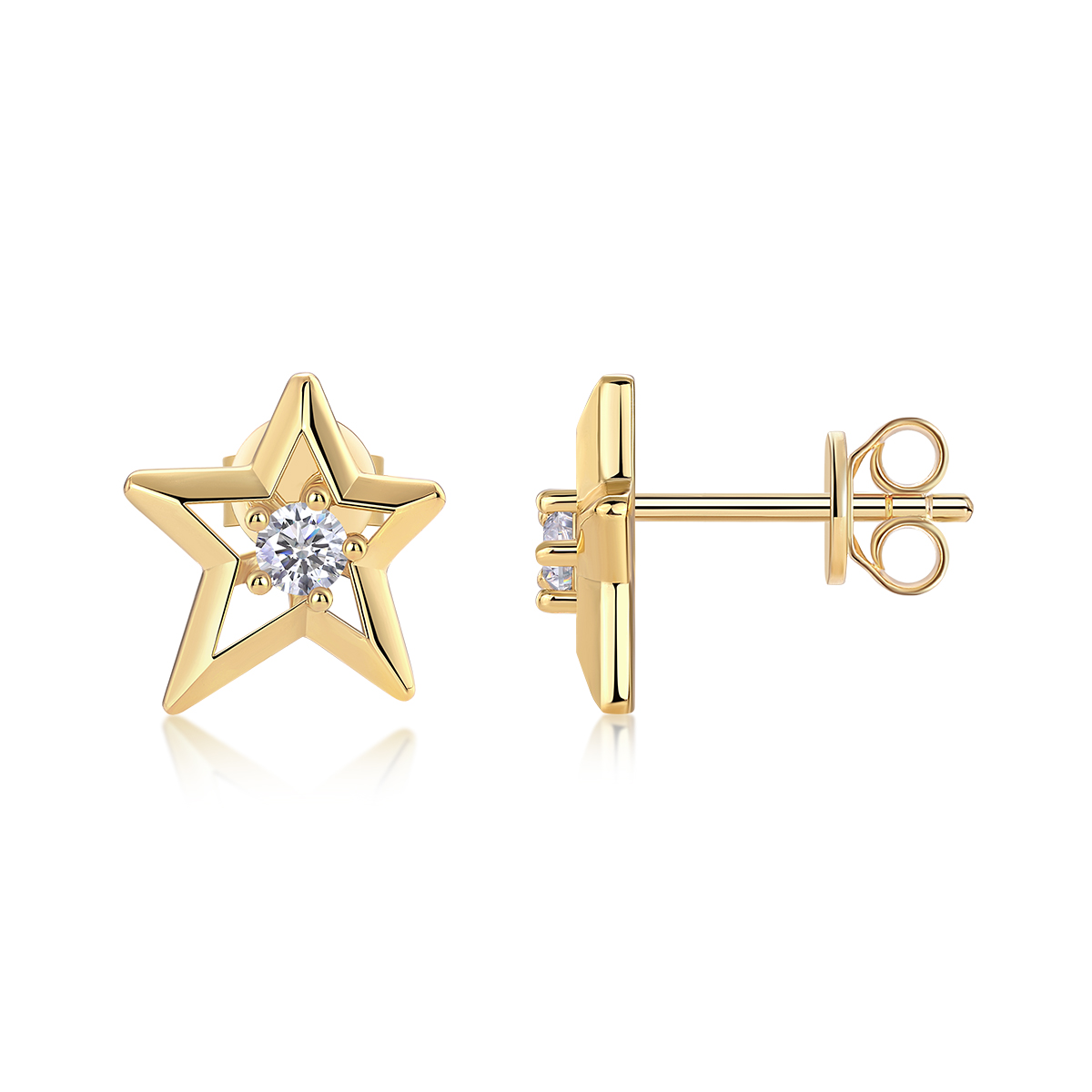 Sterling Silver Star Stud Earrings, 3mm D-VVS1 Moissanite, Platinum Plated 2.1g Women's