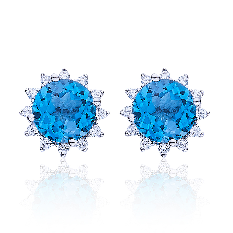 Sterling Silver Starburst Stud Earrings, 6mm Natural Blue Crystal, Platinum Plated 1.6g