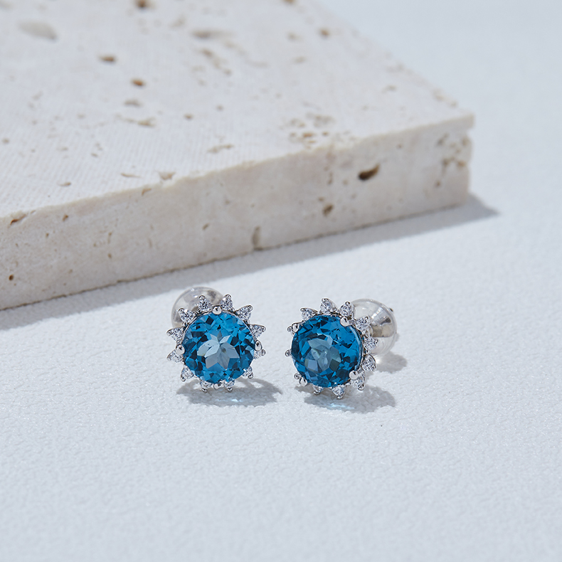 Sterling Silver Starburst Stud Earrings, 6mm Natural Blue Crystal, Platinum Plated 1.6g
