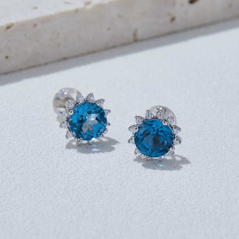 Sterling Silver Starburst Stud Earrings, 6mm Natural Blue Crystal, Platinum Plated 1.6g