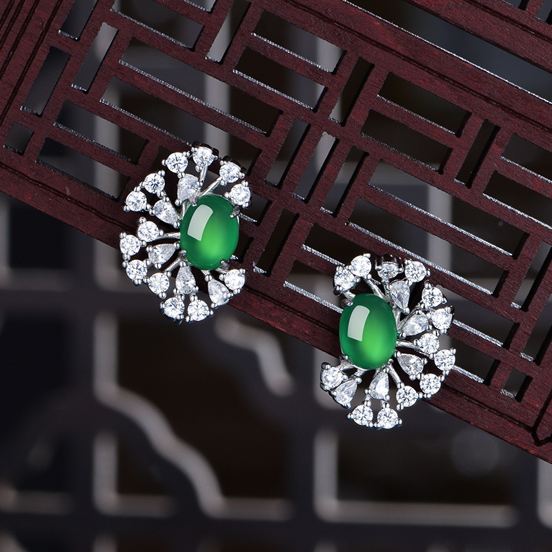 Sterling Silver Sunburst Halo Stud Earrings, 8x6mm Oval Green Chrysoprase, Platinum Plated
