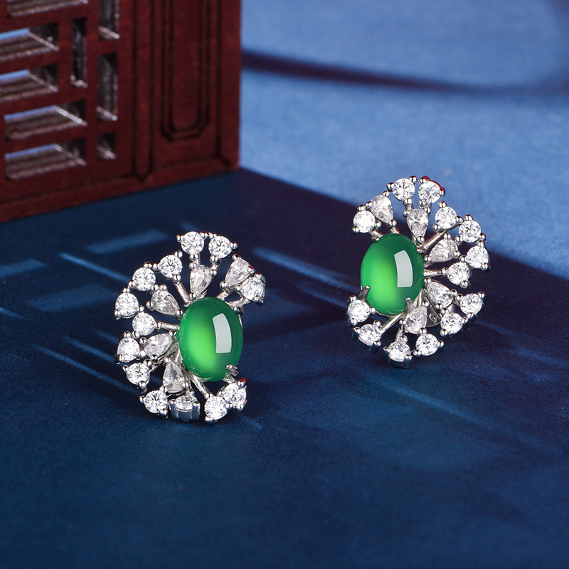Sterling Silver Sunburst Halo Stud Earrings, 8x6mm Oval Green Chrysoprase, Platinum Plated