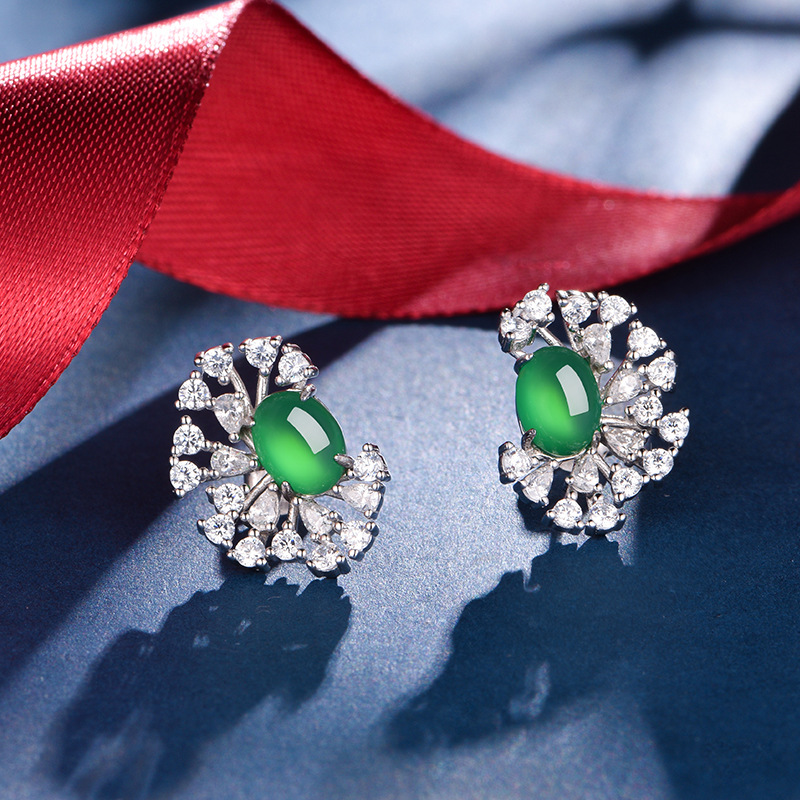 Sterling Silver Sunburst Halo Stud Earrings, 8x6mm Oval Green Chrysoprase, Platinum Plated