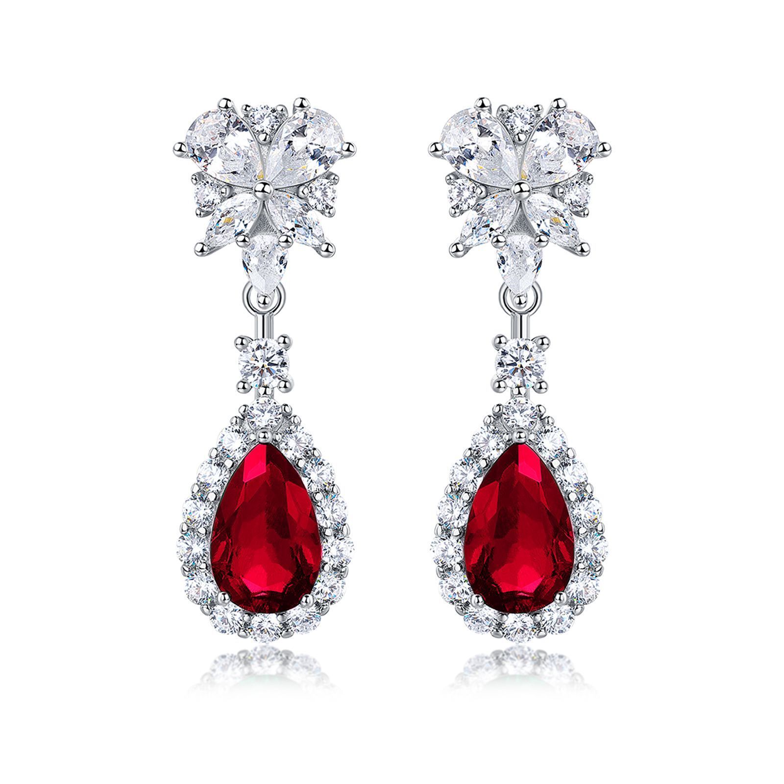 Sterling Silver Teardrop Dangle Earrings, 7x11mm Lab-Grown Ruby Sapphire Emerald, Platinum