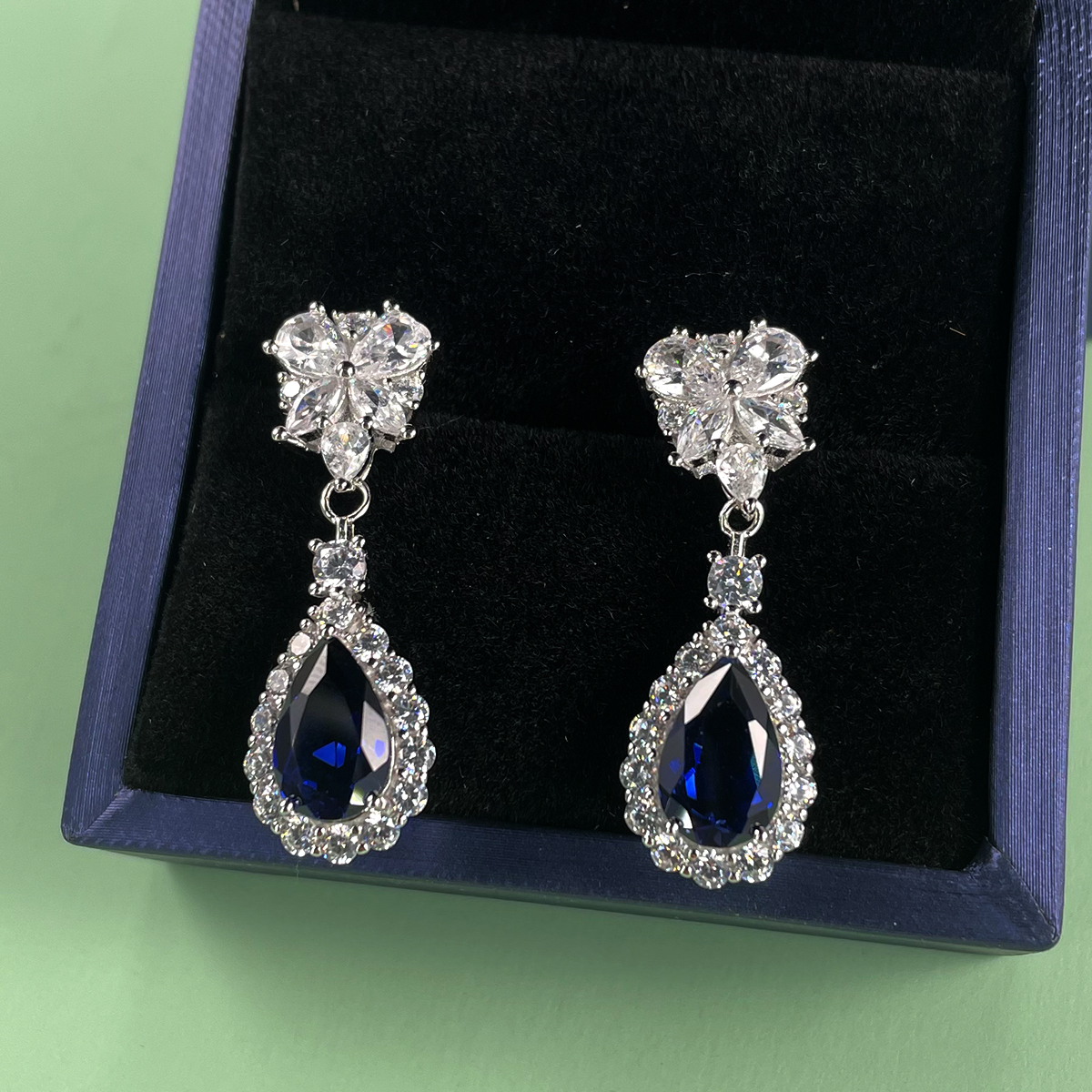 Sterling Silver Teardrop Dangle Earrings, 7x11mm Lab-Grown Ruby Sapphire Emerald, Platinum