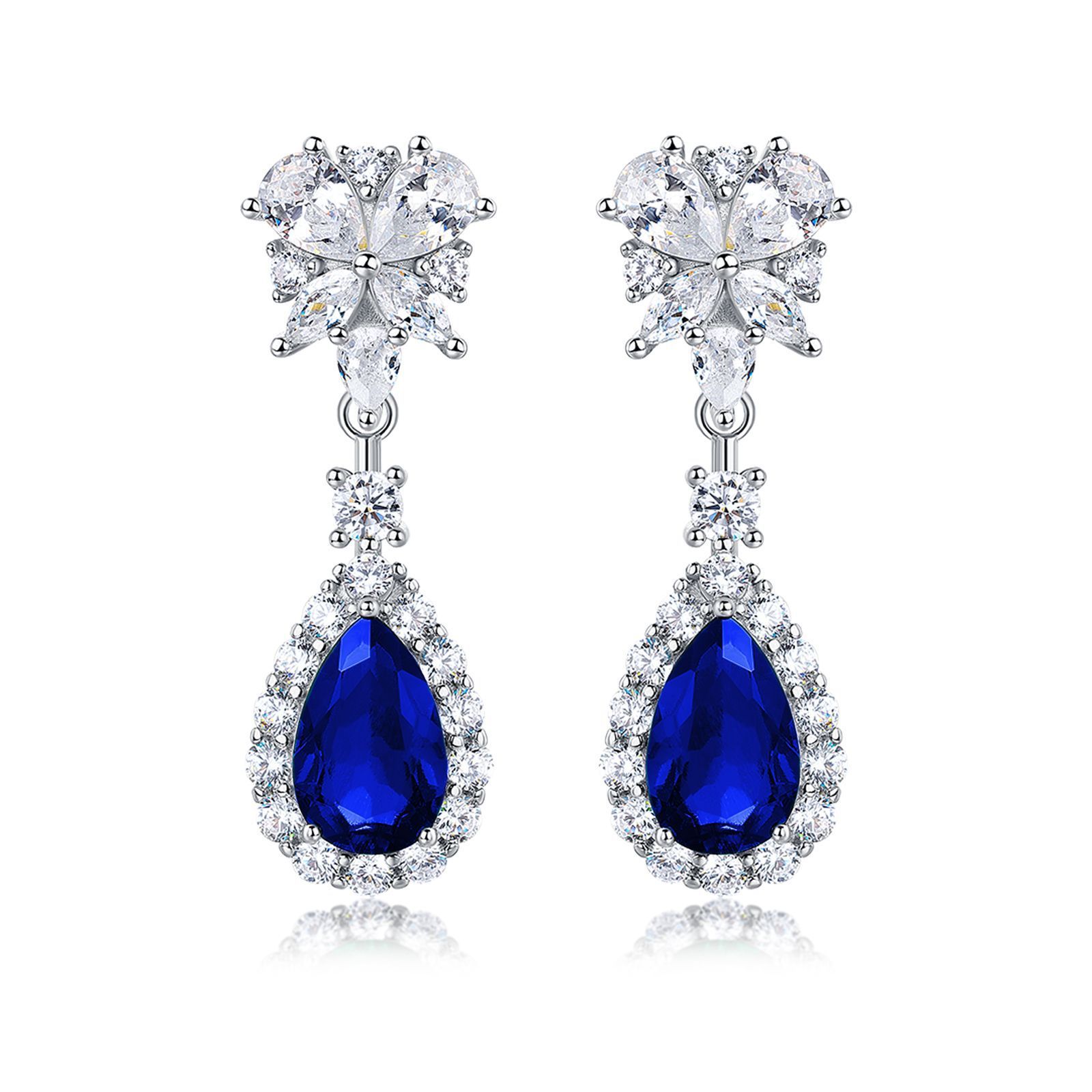 Sterling Silver Teardrop Dangle Earrings, 7x11mm Lab-Grown Ruby Sapphire Emerald, Platinum