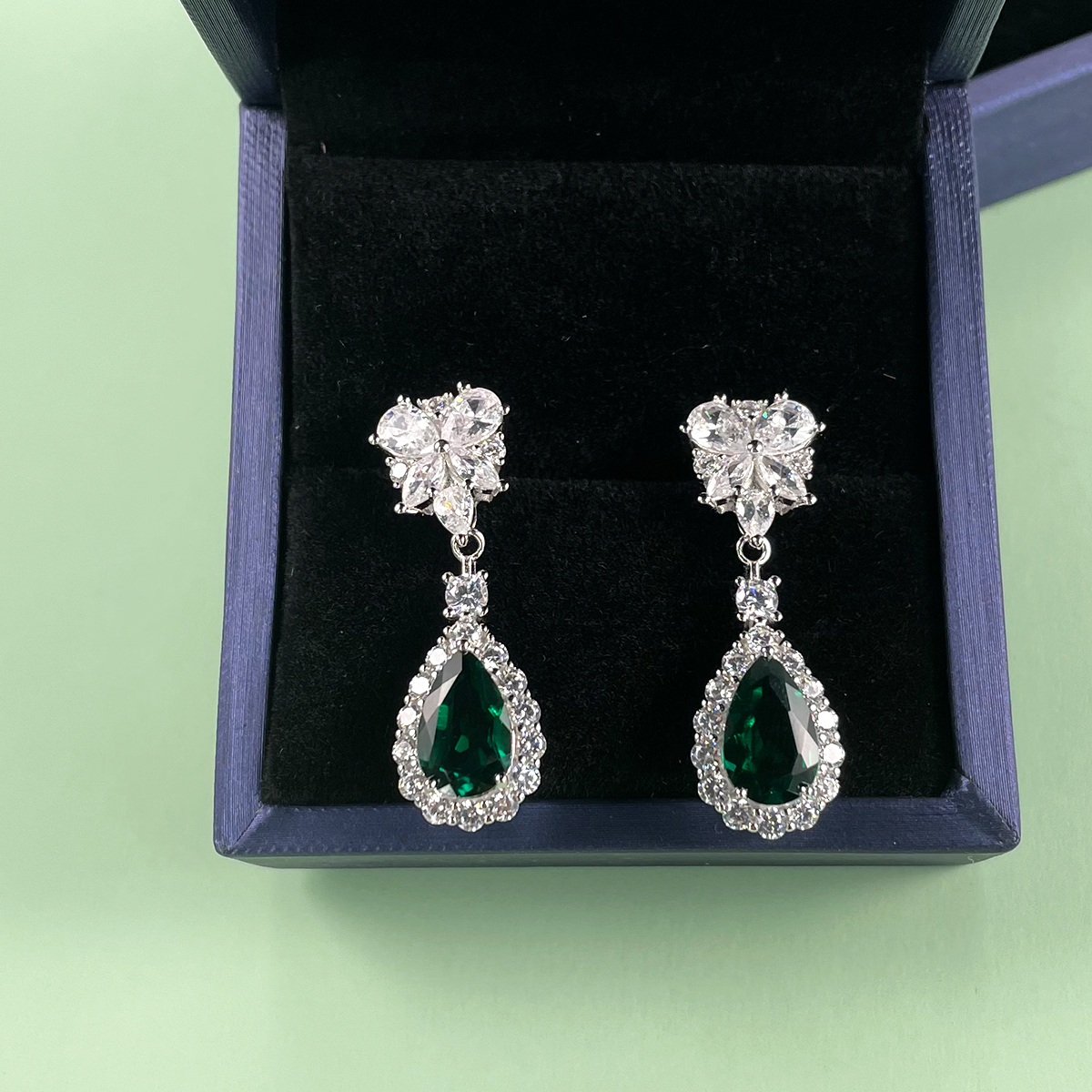 Sterling Silver Teardrop Dangle Earrings, 7x11mm Lab-Grown Ruby Sapphire Emerald, Platinum