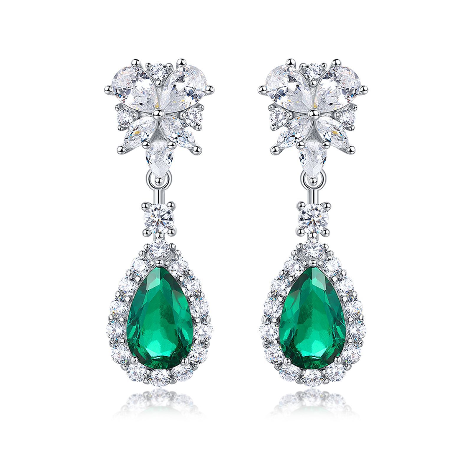 Sterling Silver Teardrop Dangle Earrings, 7x11mm Lab-Grown Ruby Sapphire Emerald, Platinum