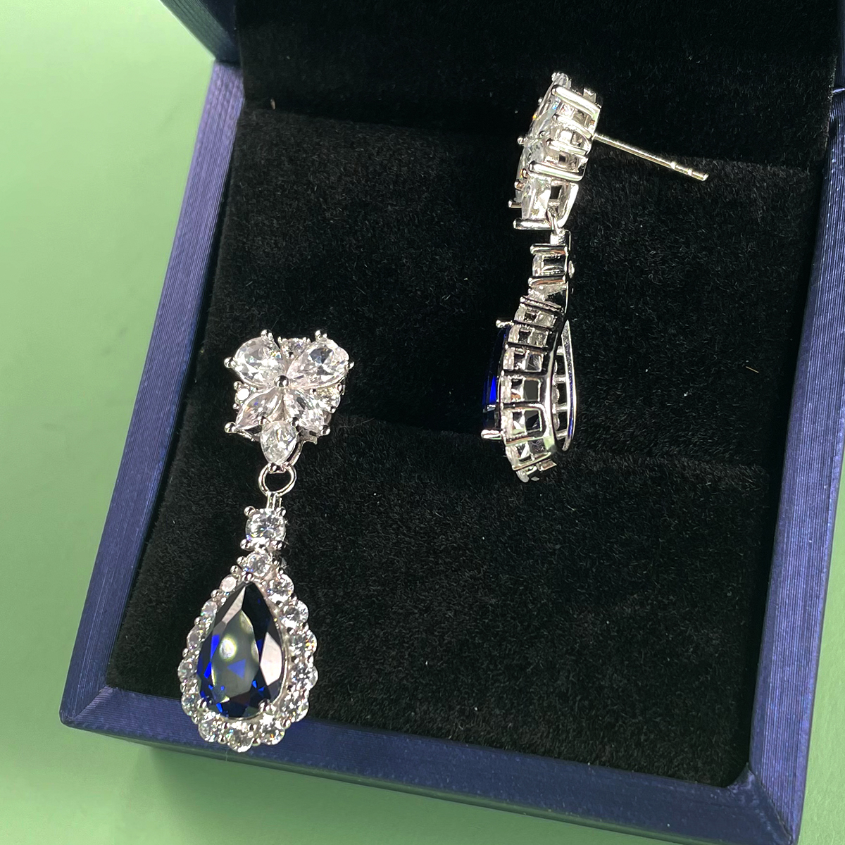 Sterling Silver Teardrop Dangle Earrings, 7x11mm Lab-Grown Ruby Sapphire Emerald, Platinum