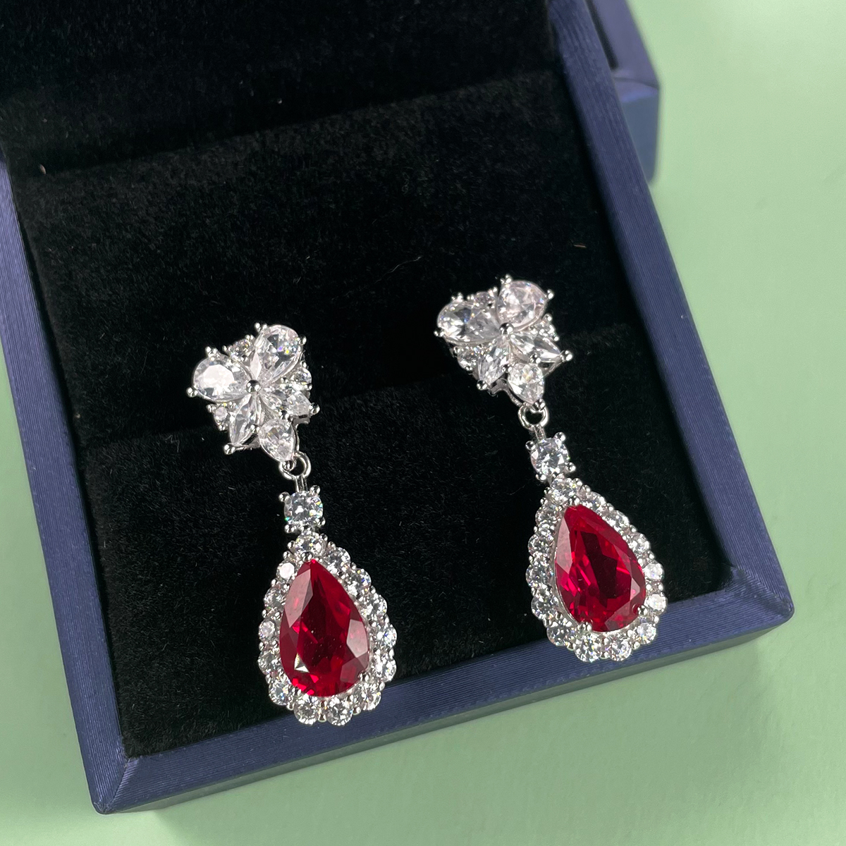 Sterling Silver Teardrop Dangle Earrings, 7x11mm Lab-Grown Ruby Sapphire Emerald, Platinum