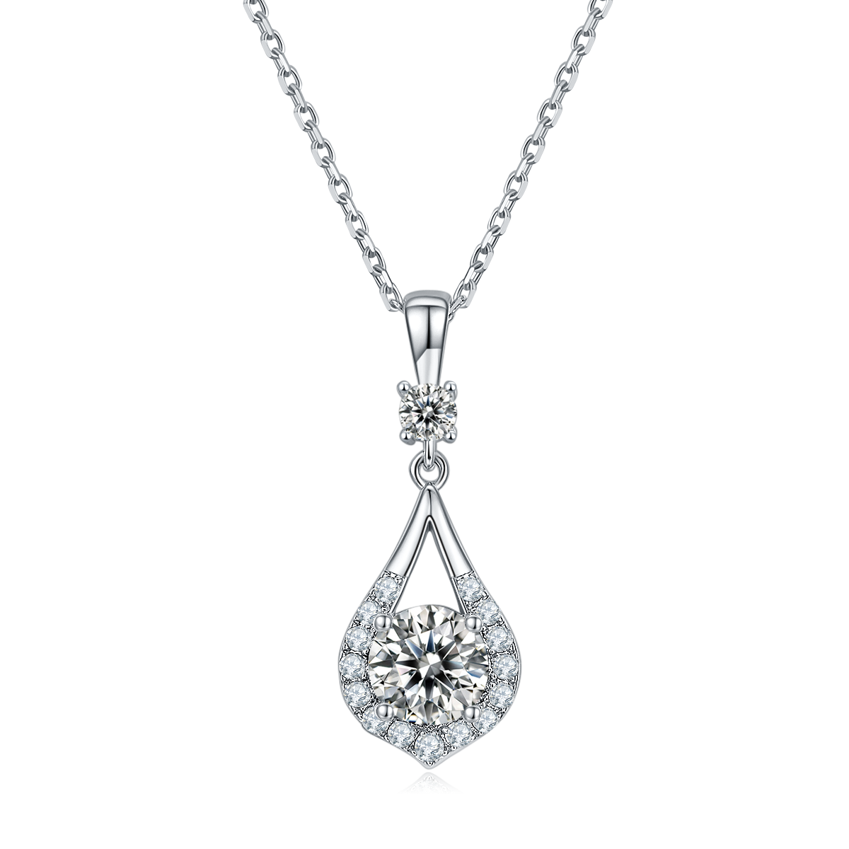 Sterling Silver Teardrop Halo Necklace, 1ct D-VVS1 Moissanite & Lab-Grown Gems, Platinum