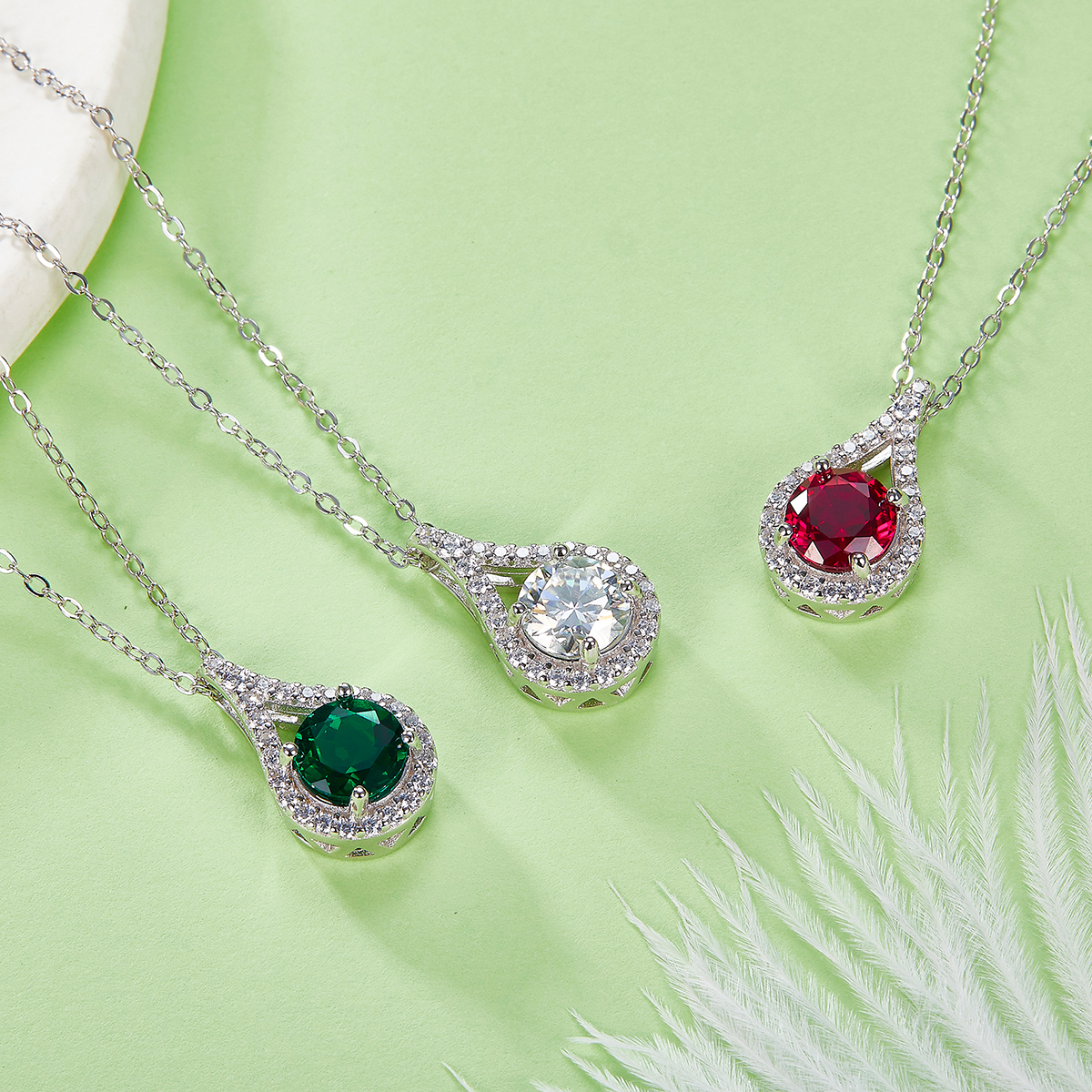 Sterling Silver Teardrop Halo Necklace, 1ct Moissanite & Lab-Grown Ruby&Emerald, Platinum