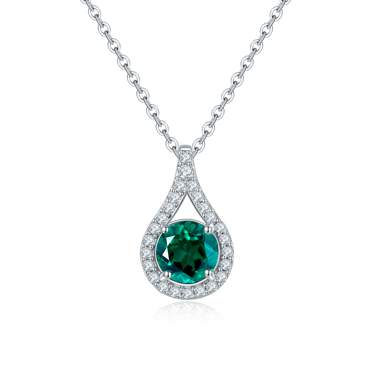 Sterling Silver Teardrop Halo Necklace, 1ct Moissanite & Lab-Grown Ruby&Emerald, Platinum