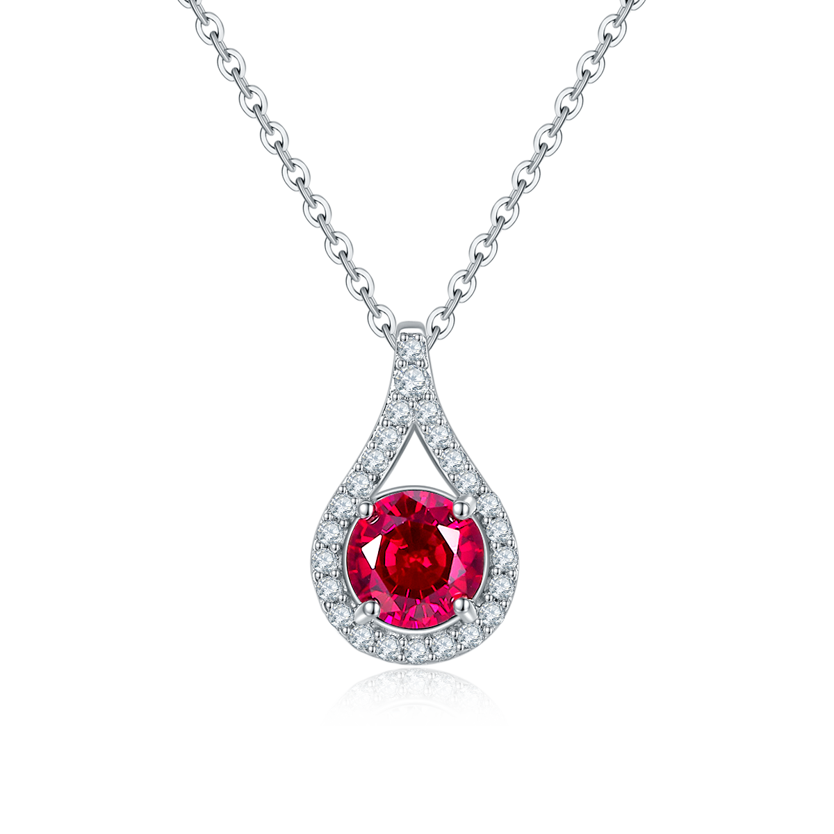 Sterling Silver Teardrop Halo Necklace, 1ct Moissanite & Lab-Grown Ruby&Emerald, Platinum