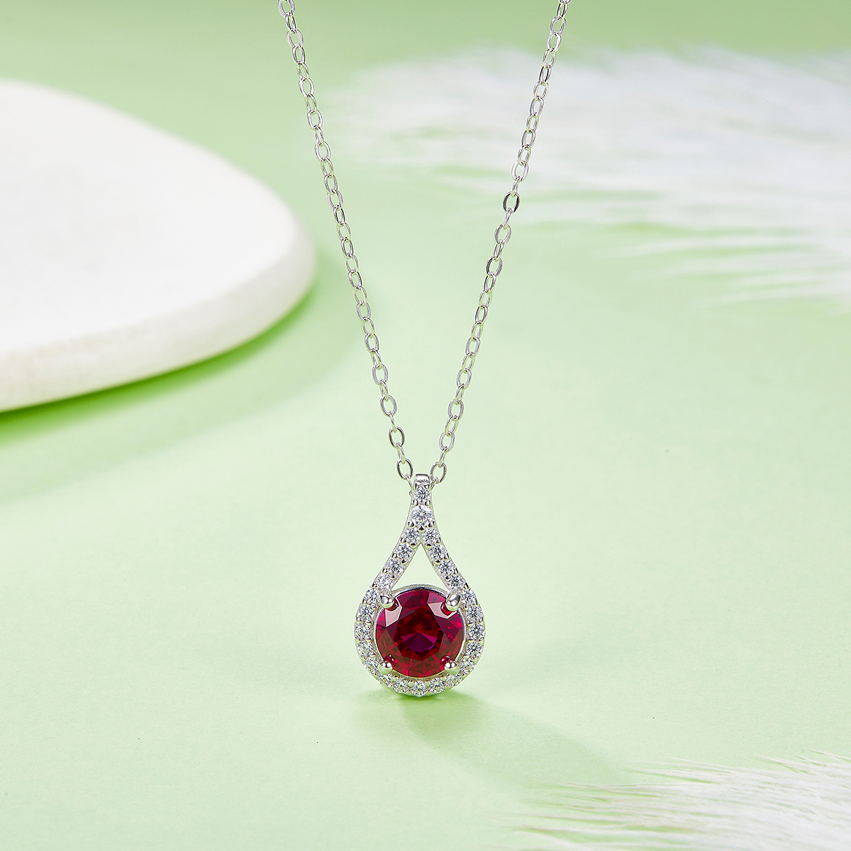 Sterling Silver Teardrop Halo Necklace, 1ct Moissanite & Lab-Grown Ruby&Emerald, Platinum