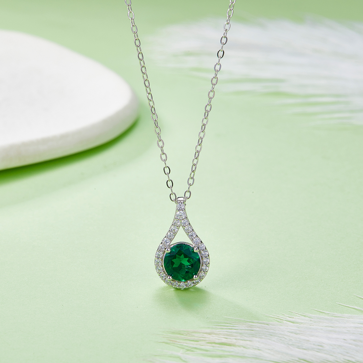 Sterling Silver Teardrop Halo Necklace, 1ct Moissanite & Lab-Grown Ruby&Emerald, Platinum