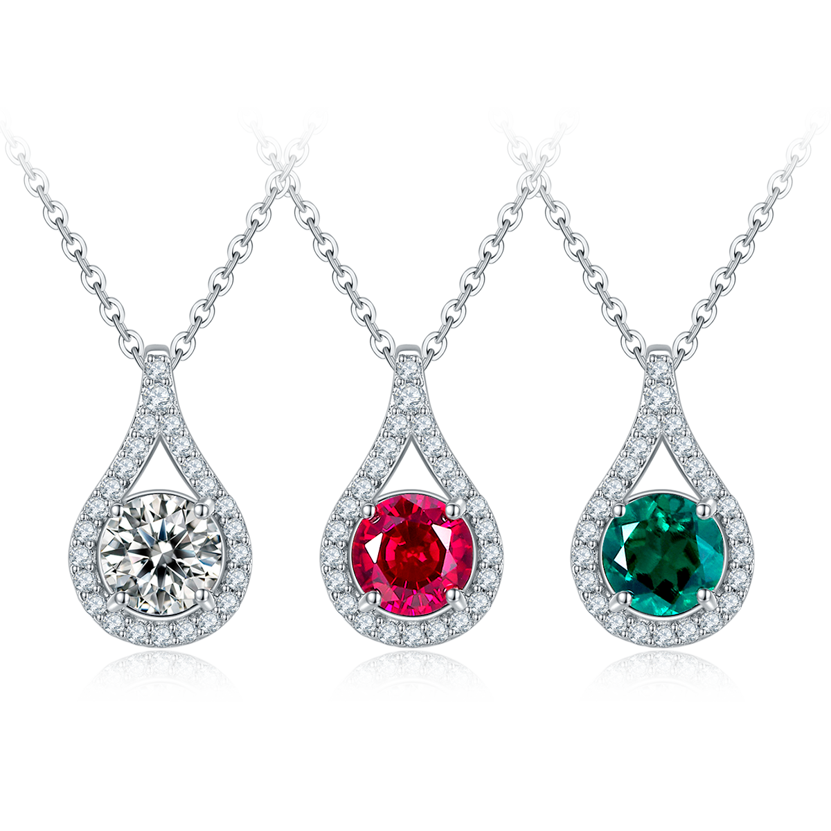 Sterling Silver Teardrop Halo Necklace, 1ct Moissanite & Lab-Grown Ruby&Emerald, Platinum