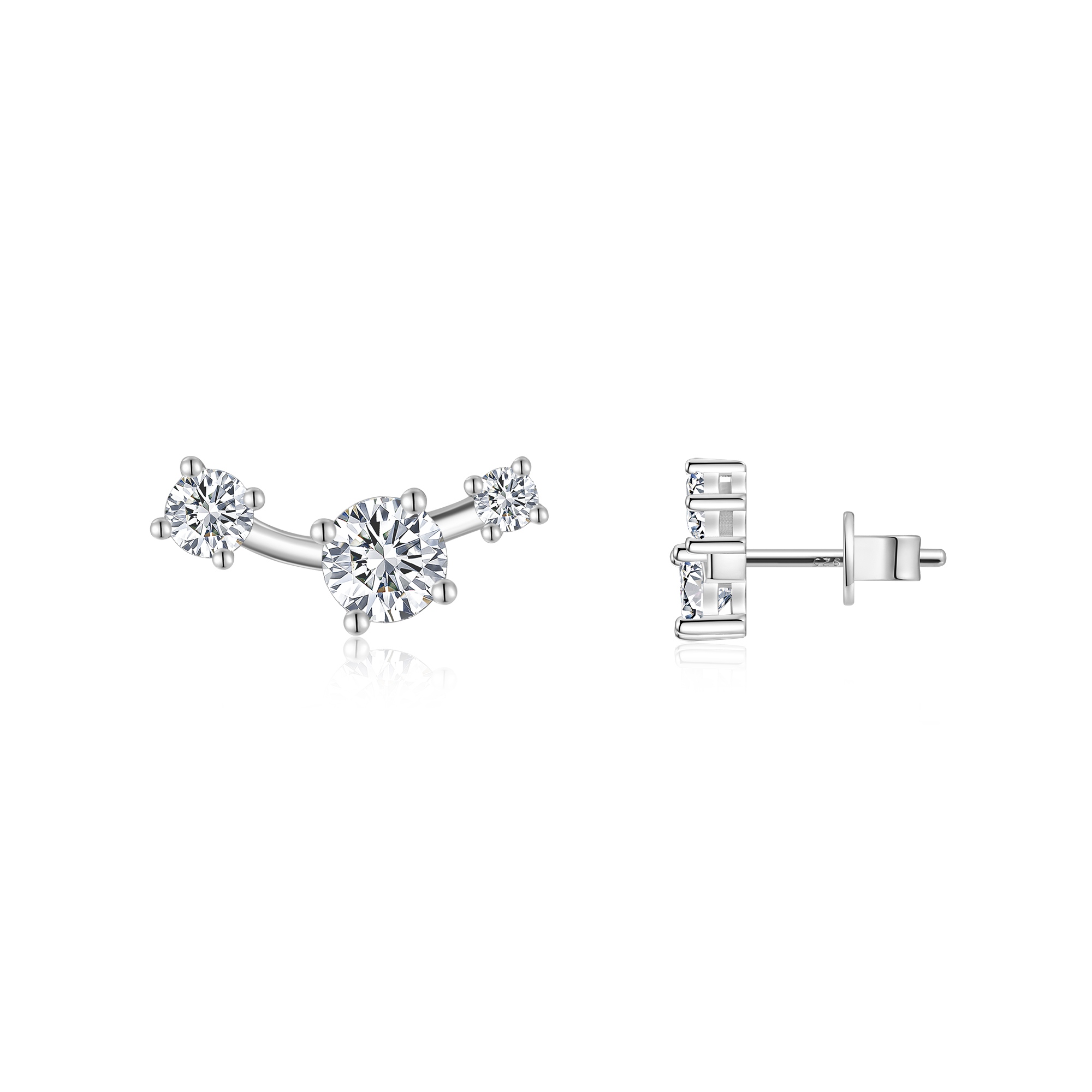 Sterling Silver Three-Stone Curved Stud Earrings, 0.5ct D-VVS1 Moissanite, Platinum Plated