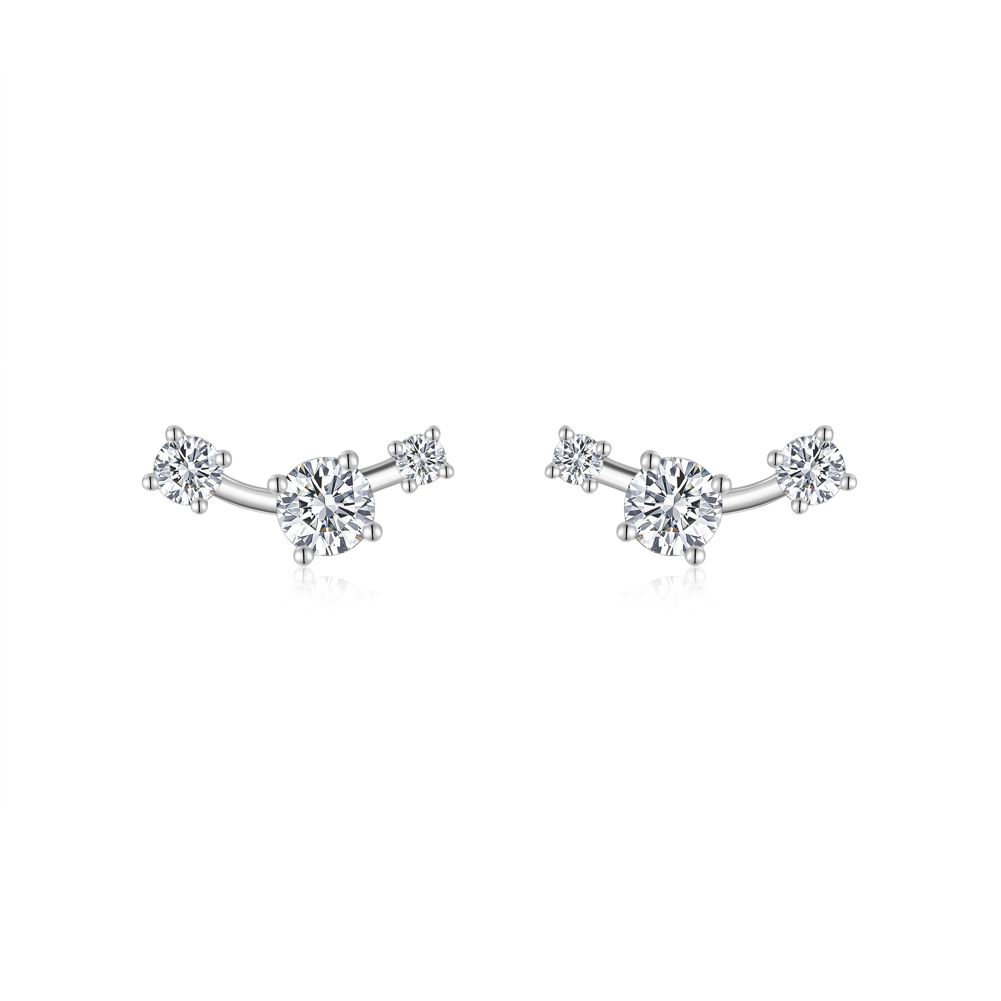 Sterling Silver Three-Stone Curved Stud Earrings, 0.5ct D-VVS1 Moissanite, Platinum Plated