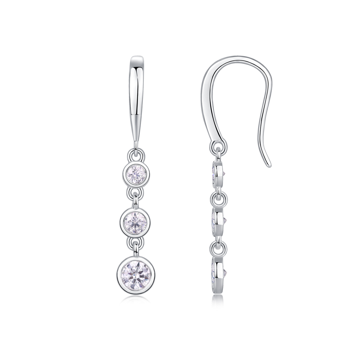 Sterling Silver Three-Stone Drop Earrings, D-VVS1 Moissanite Bezel-Set Dangle, Platinum