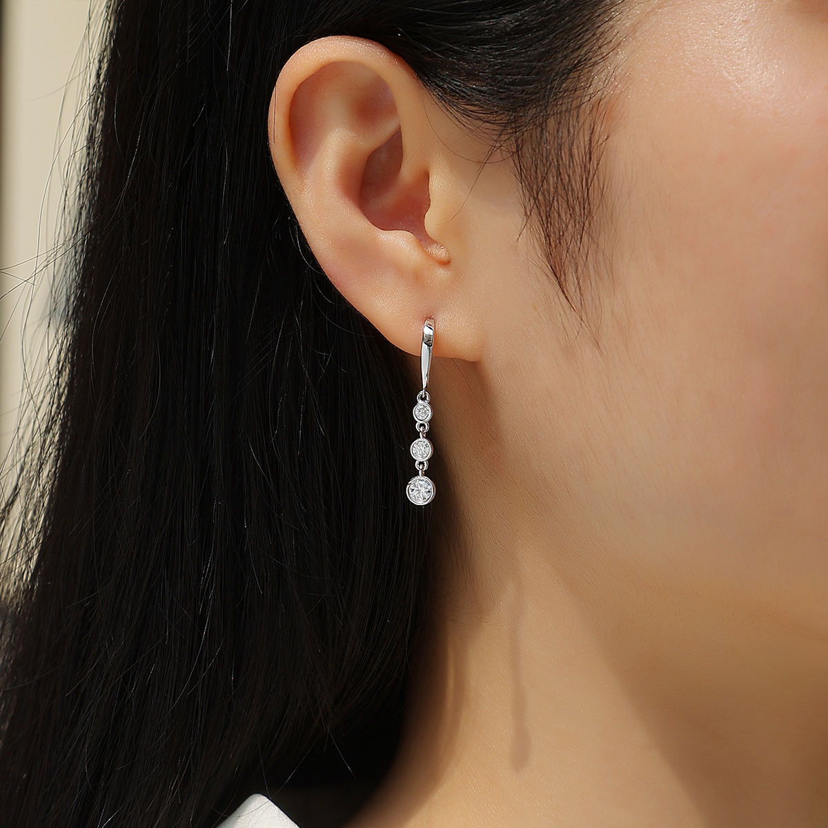 Sterling Silver Three-Stone Drop Earrings, D-VVS1 Moissanite Bezel-Set Dangle, Platinum