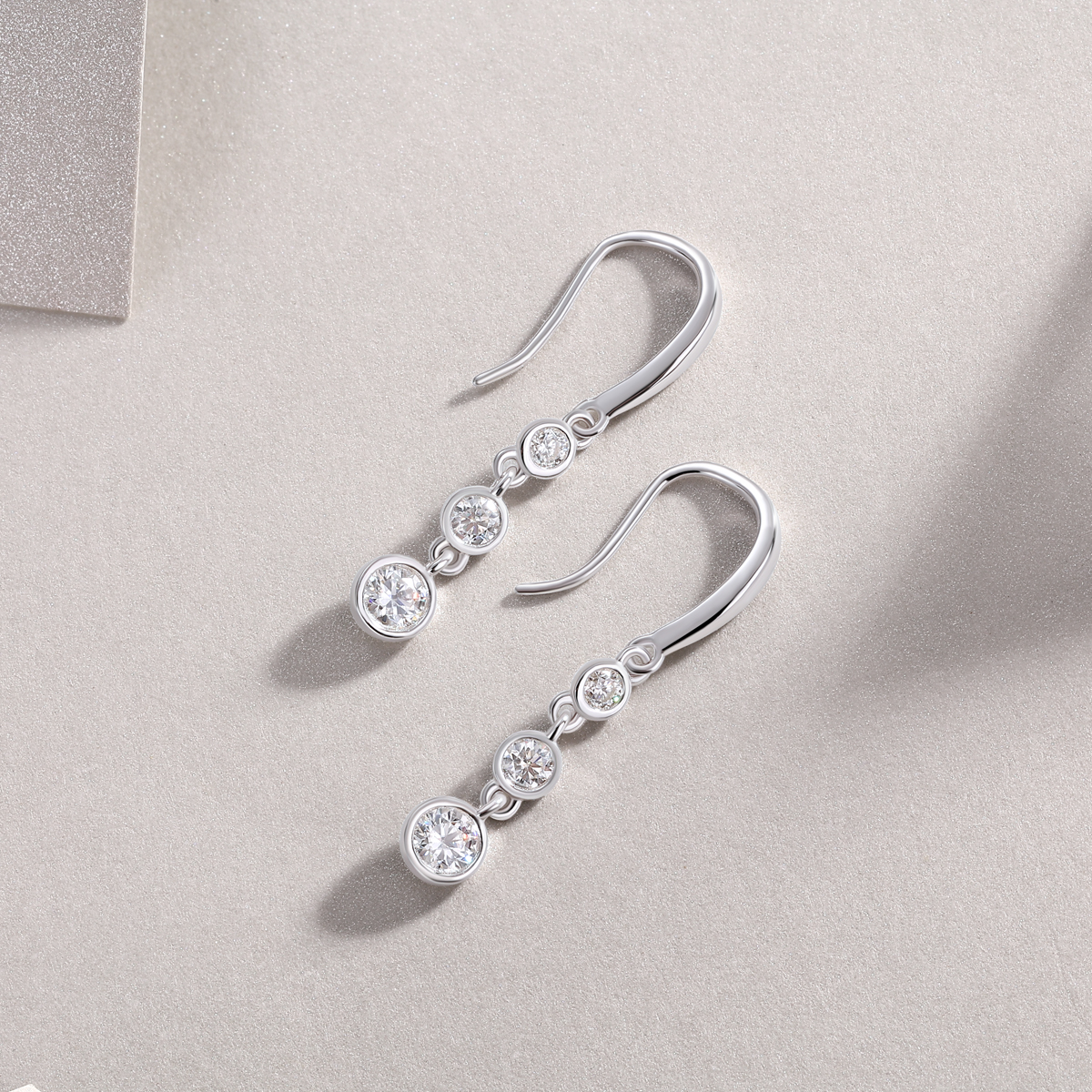 Sterling Silver Three-Stone Drop Earrings, D-VVS1 Moissanite Bezel-Set Dangle, Platinum
