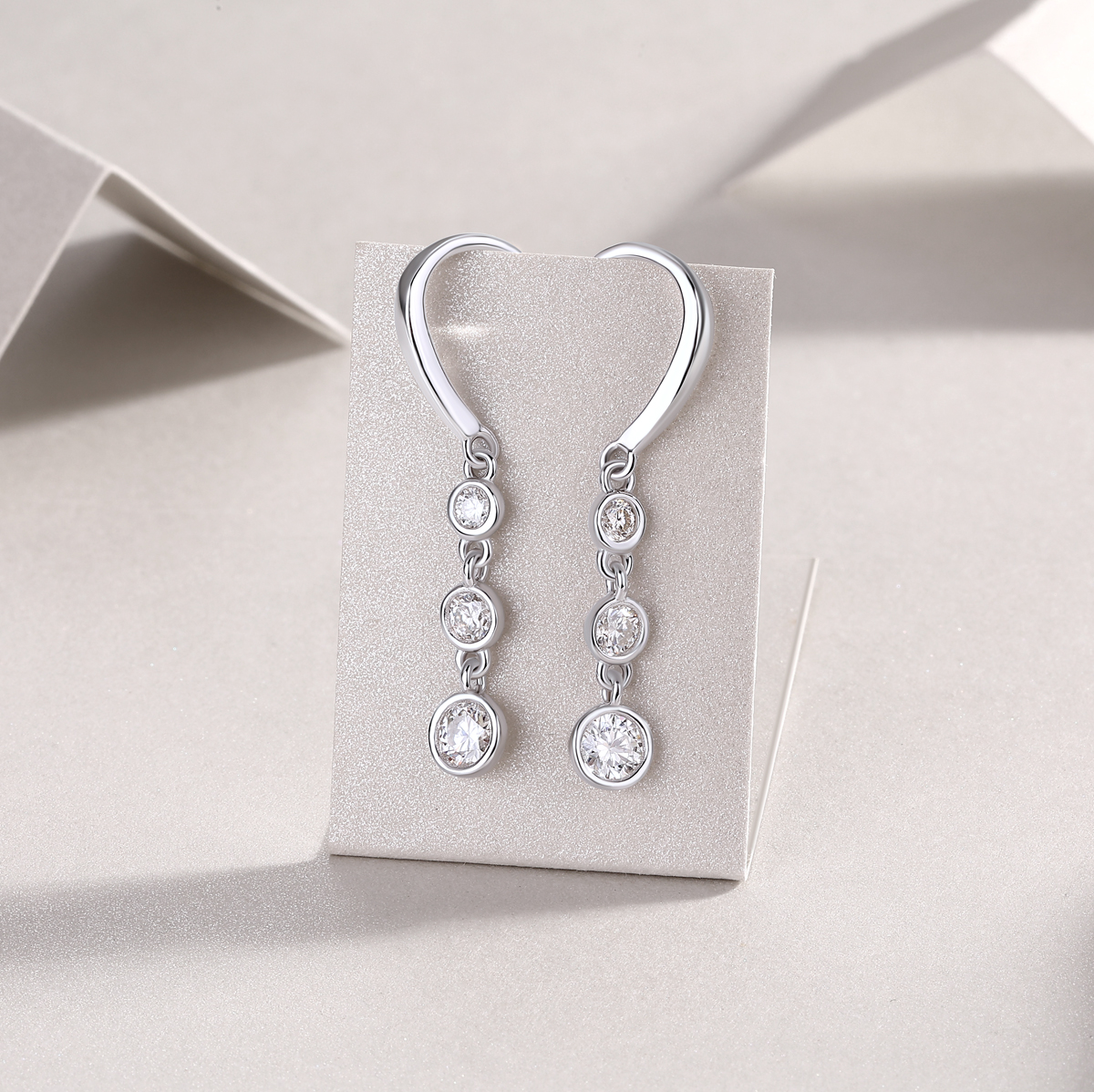 Sterling Silver Three-Stone Drop Earrings, D-VVS1 Moissanite Bezel-Set Dangle, Platinum