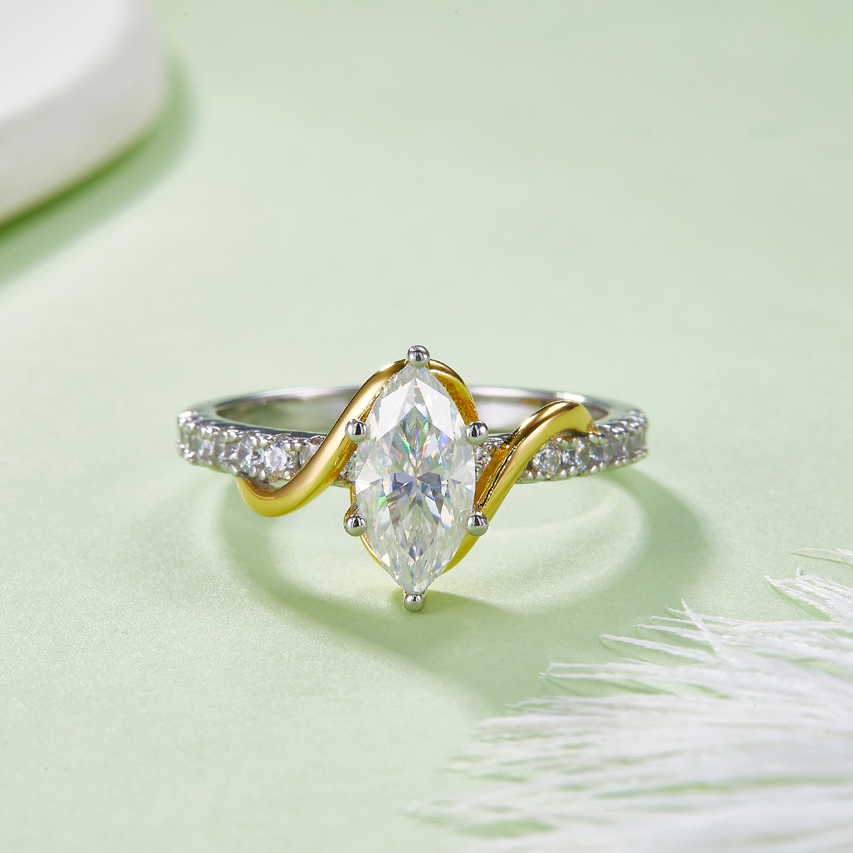 Sterling Silver Two-Tone Marquise Moissanite Ring 5x10mm D Color VVS1 Interlocking Gold