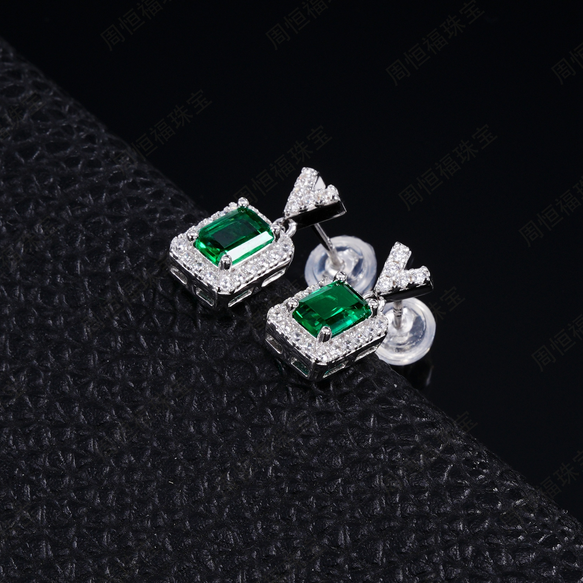 Sterling Silver V-Shape Halo Drop Earrings, 6x4mm Lab-Grown Ruby & Emerald, Platinum