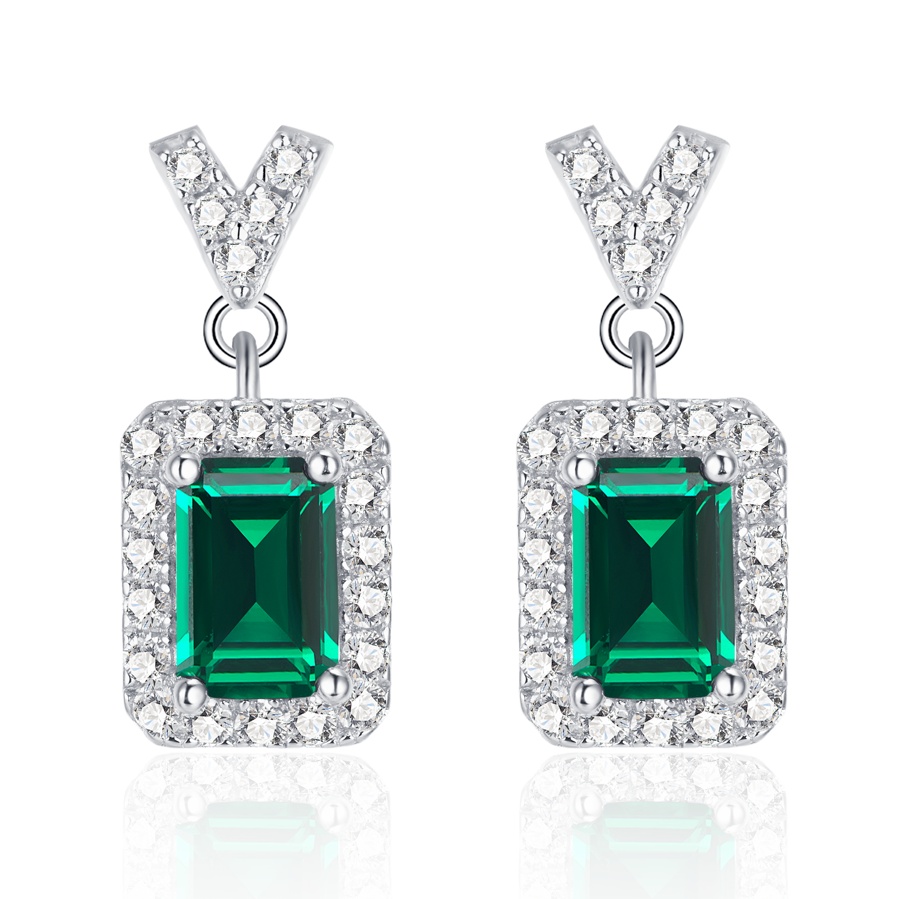 Sterling Silver V-Shape Halo Drop Earrings, 6x4mm Lab-Grown Ruby & Emerald, Platinum