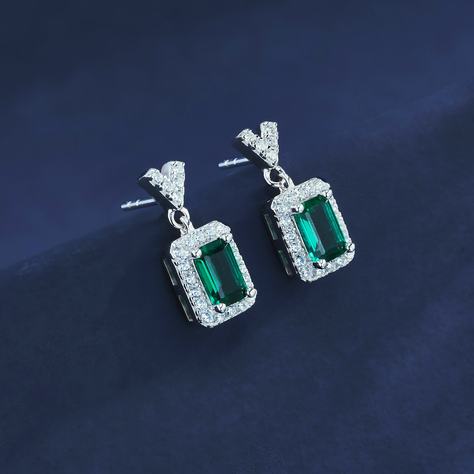 Sterling Silver V-Shape Halo Drop Earrings, 6x4mm Lab-Grown Ruby & Emerald, Platinum