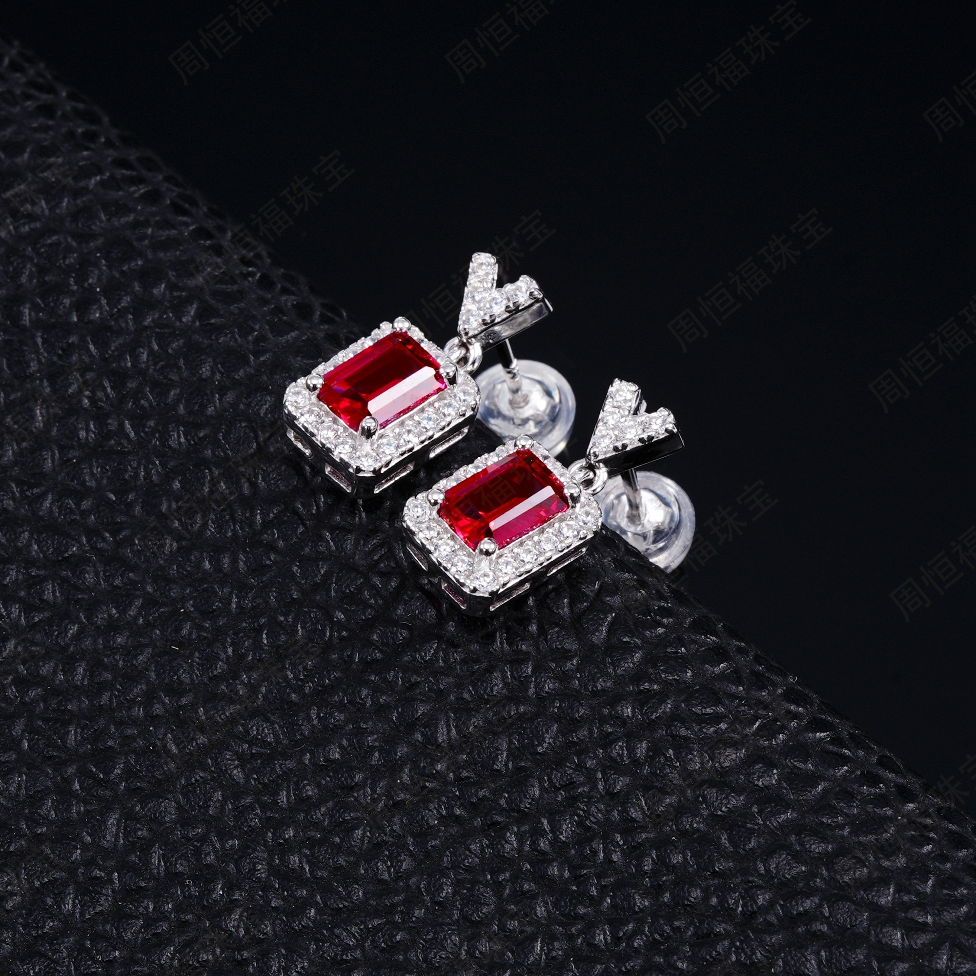 Sterling Silver V-Shape Halo Drop Earrings, 6x4mm Lab-Grown Ruby & Emerald, Platinum