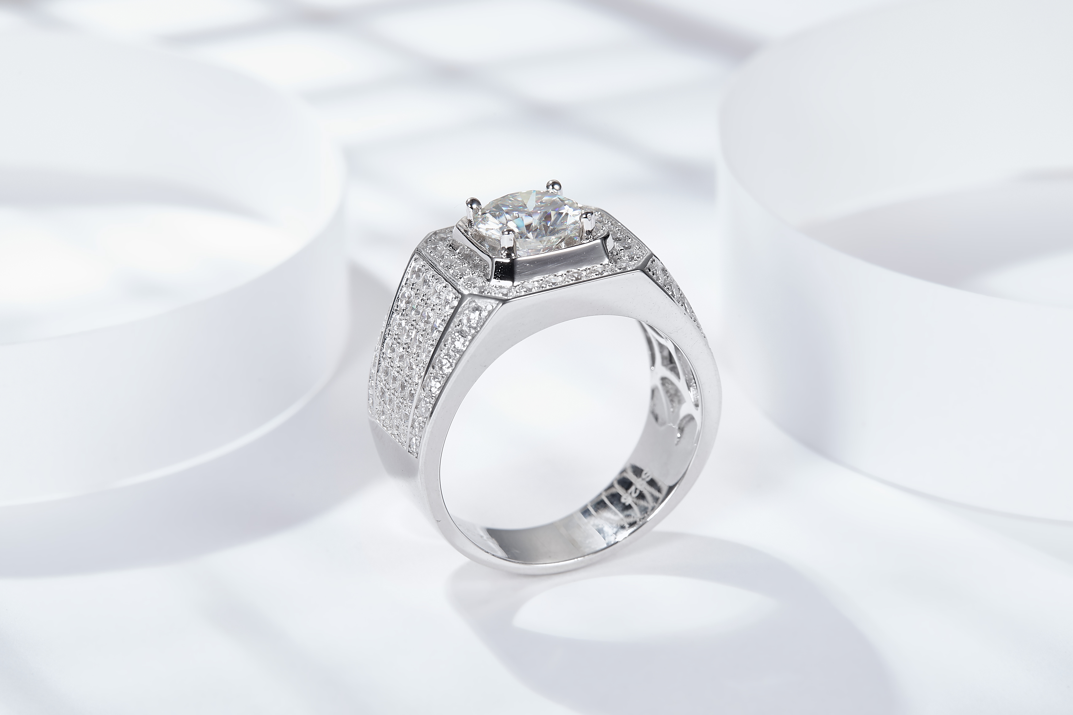 Sterling Silver Wide Band Moissanite Ring, 1&2&3&5ct D-VVS1 Octagon Pave Setting, US Sizes