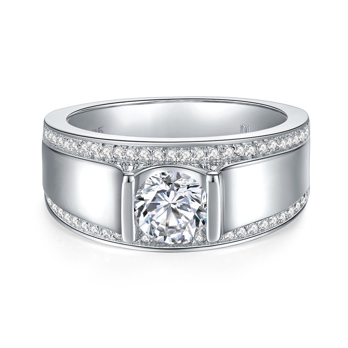 Sterling Silver Wide Band Moissanite Ring, 1&2ct D-VVS1 Bezel Set With Pave Edges, US