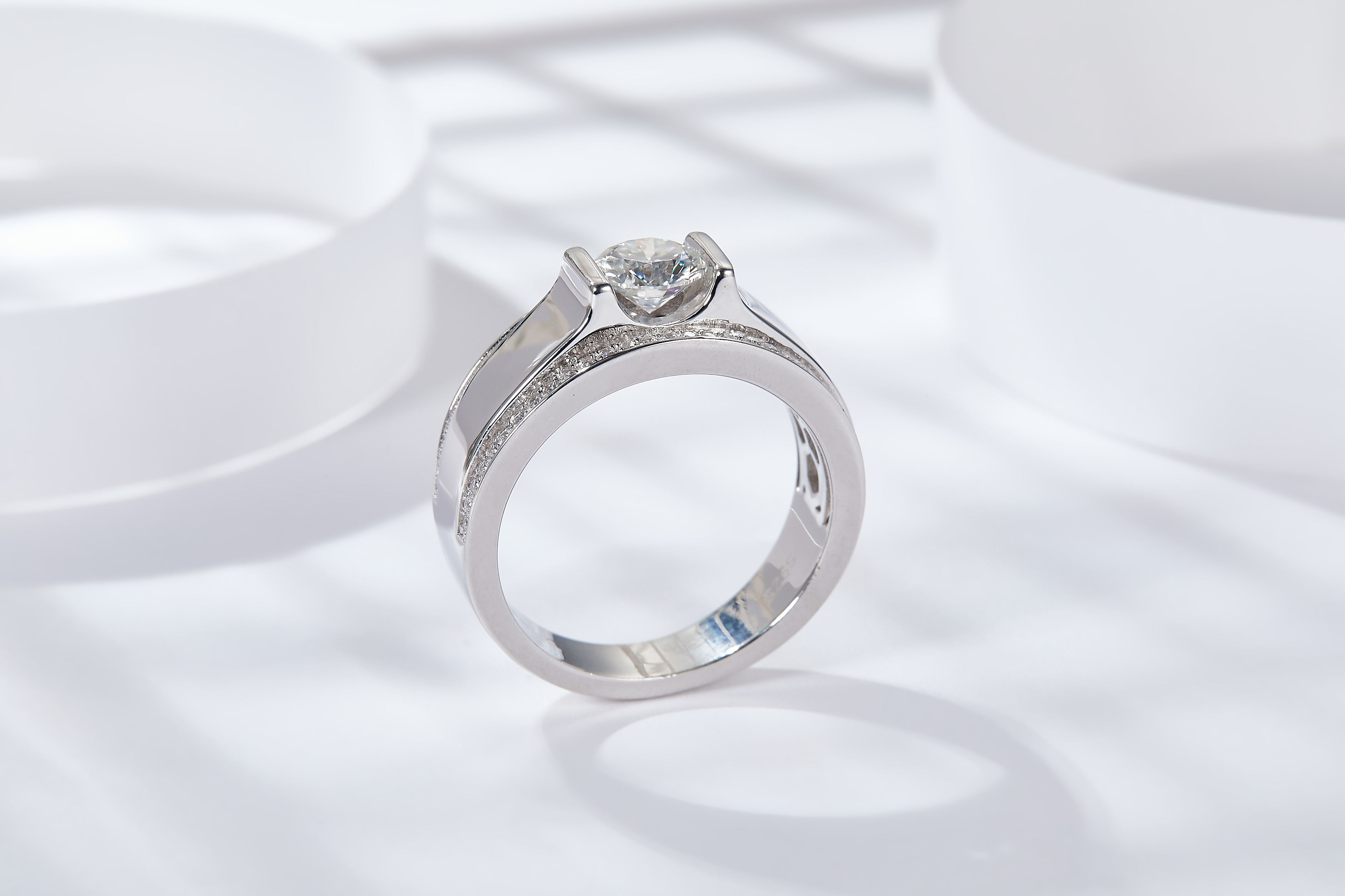 Sterling Silver Wide Band Moissanite Ring, 1&2ct D-VVS1 Bezel Set With Pave Edges, US
