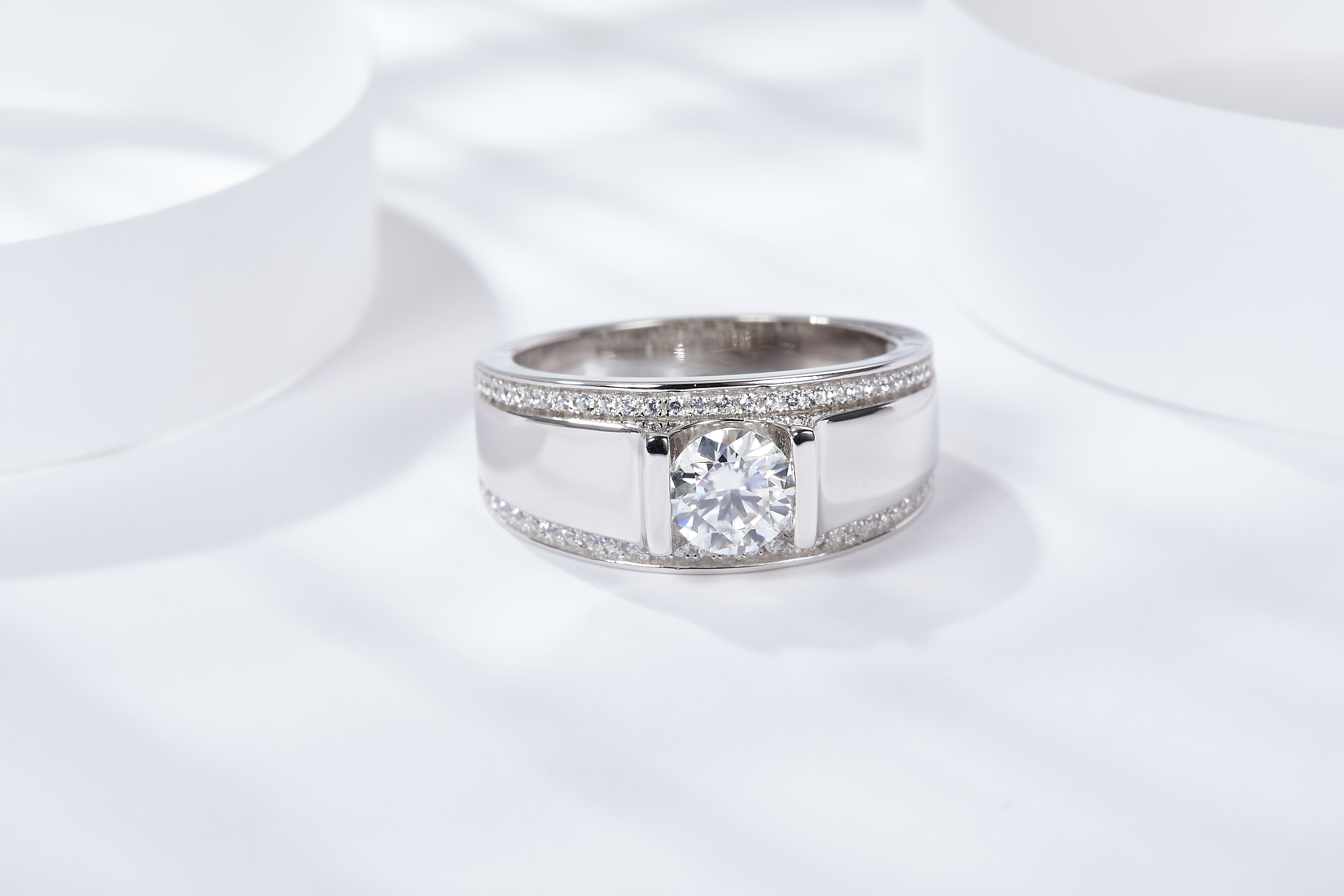 Sterling Silver Wide Band Moissanite Ring, 1&2ct D-VVS1 Bezel Set With Pave Edges, US