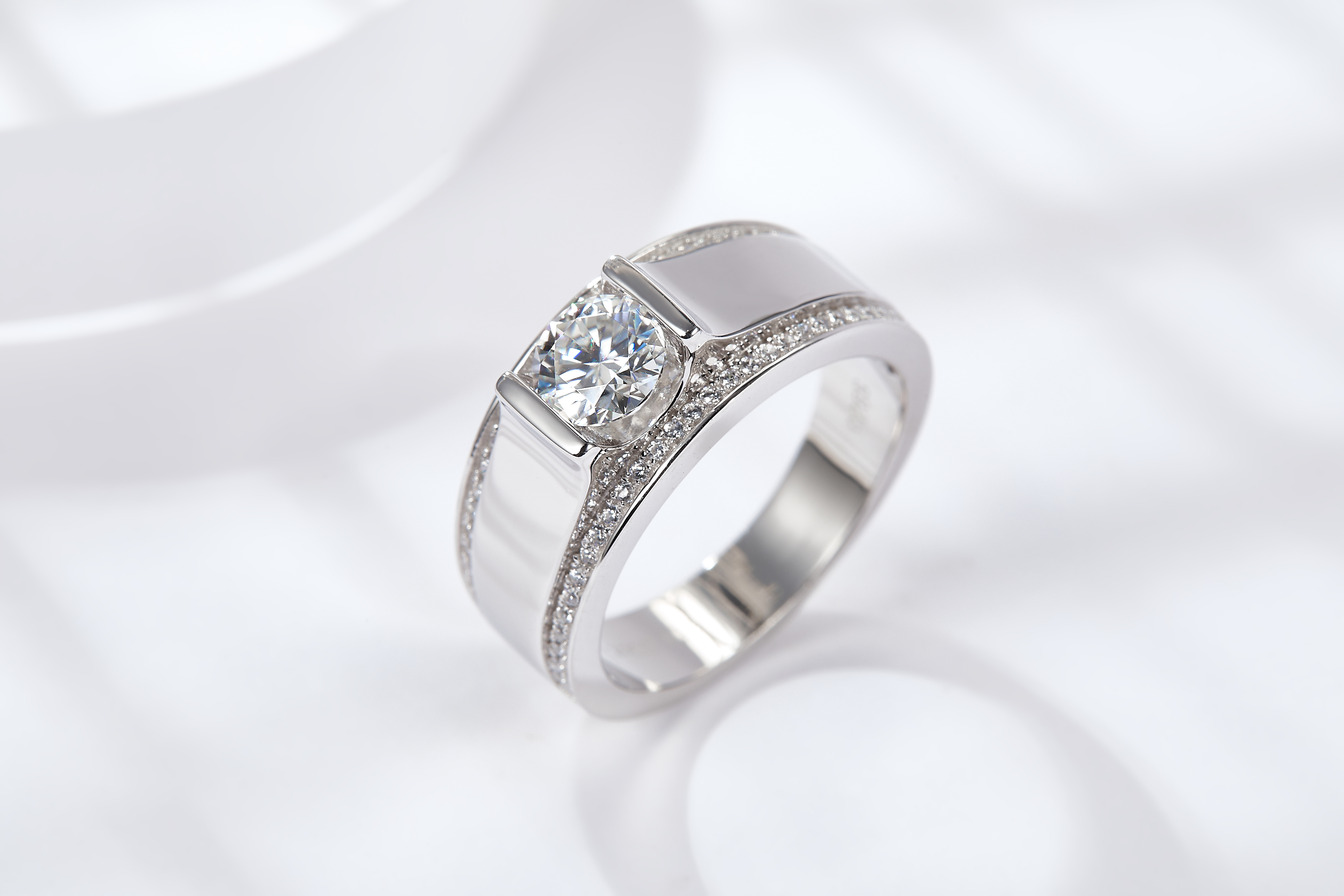 Sterling Silver Wide Band Moissanite Ring, 1&2ct D-VVS1 Bezel Set With Pave Edges, US