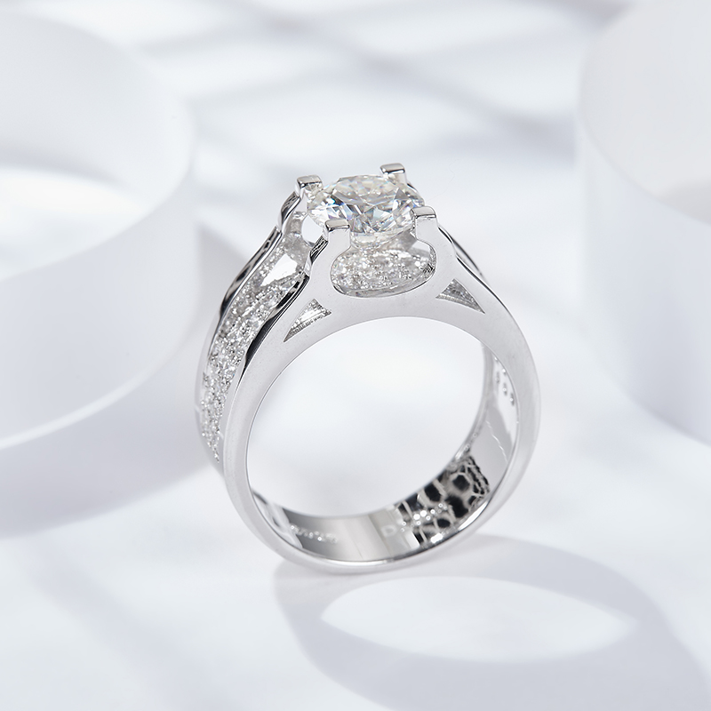 Sterling Silver Wide Band Moissanite Ring, 1&2ct D-VVS1 Split Shank Pave Design, Platinum