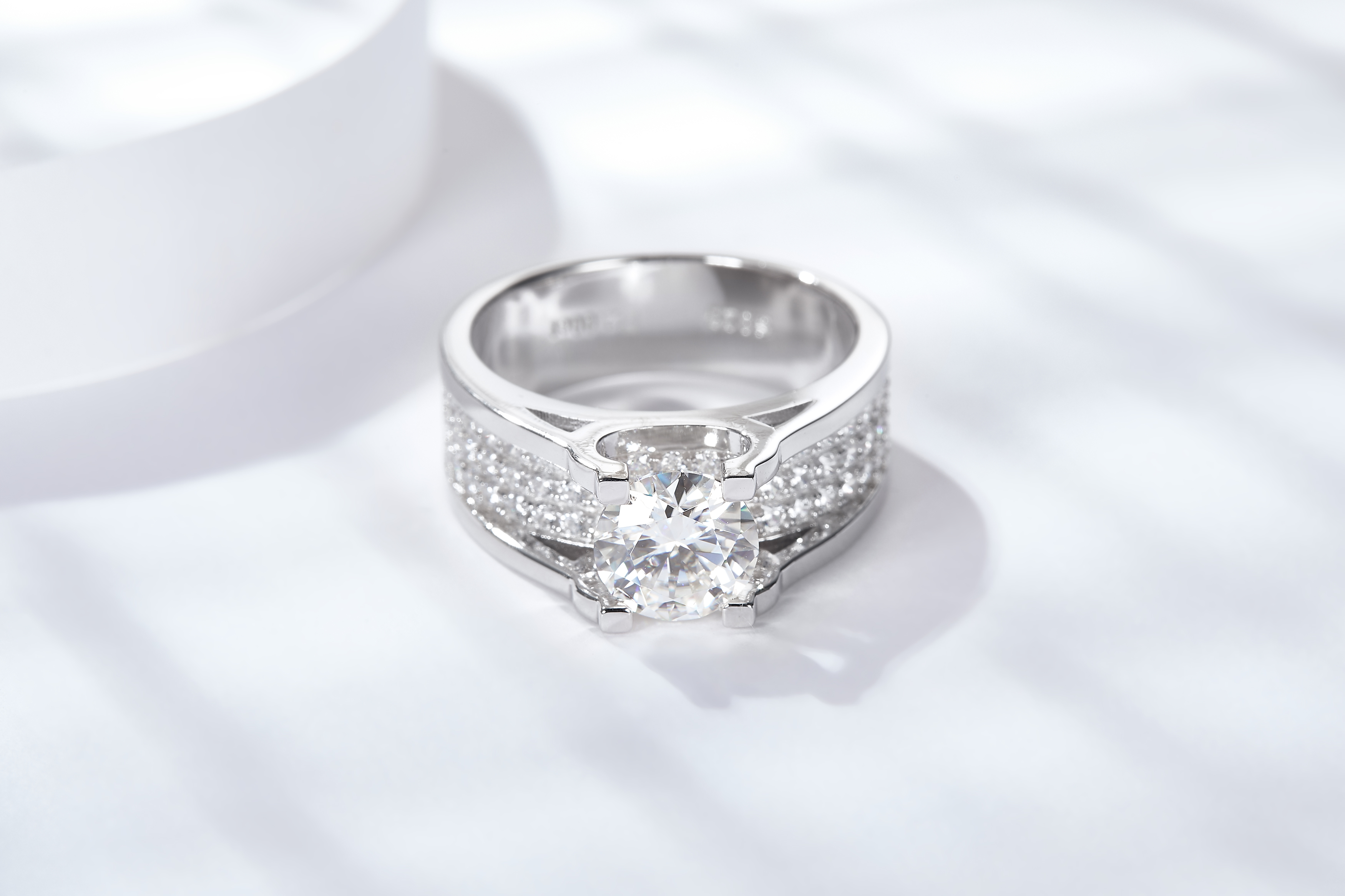 Sterling Silver Wide Band Moissanite Ring, 1&2ct D-VVS1 Split Shank Pave Design, Platinum