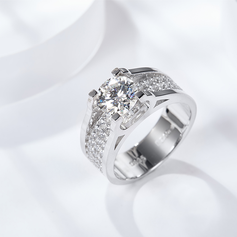 Sterling Silver Wide Band Moissanite Ring, 1&2ct D-VVS1 Split Shank Pave Design, Platinum