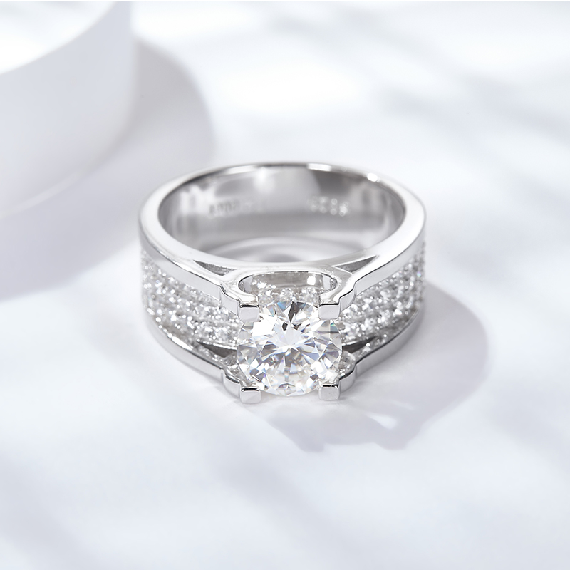Sterling Silver Wide Band Moissanite Ring, 1&2ct D-VVS1 Split Shank Pave Design, Platinum